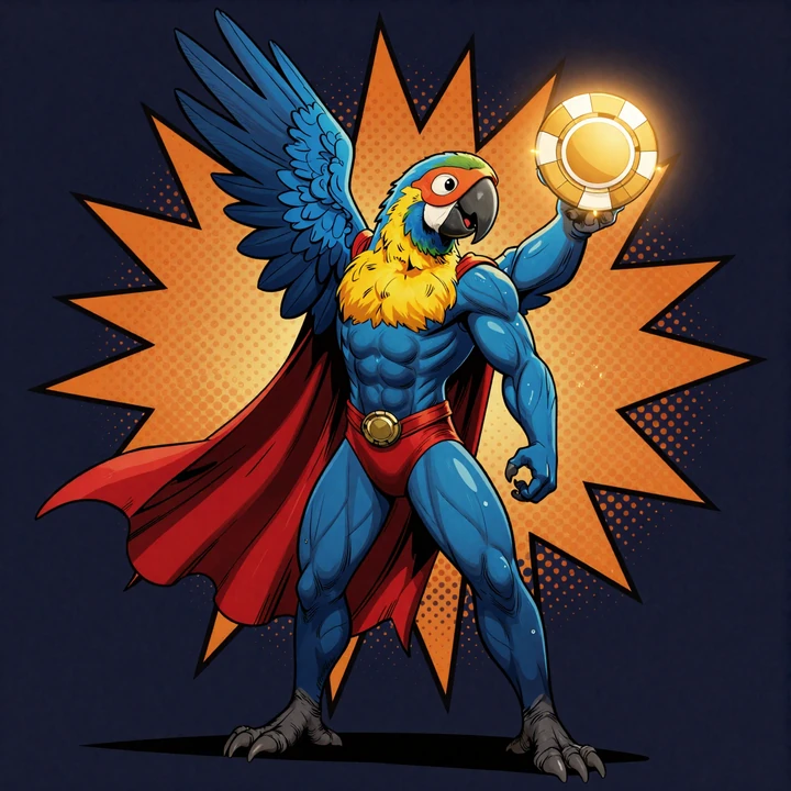 Martin der blaue Ara-Superheld als Maskottchen des Online Casino Deutschland mit goldenem Casino-Chip